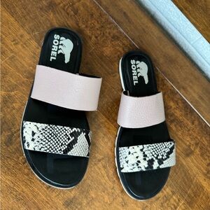 Sorel Pink and Black Sandals with Snakeskin Detail
